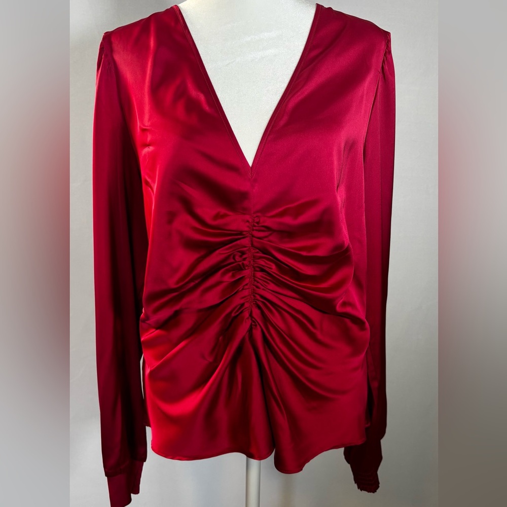 Elegant Red Ruched Satin Blouse Size 14 NWT
